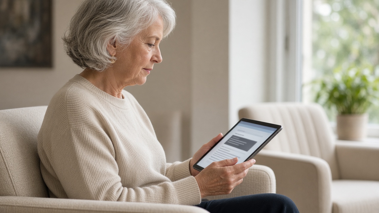 Older patient in a dental waiting room using a tablet