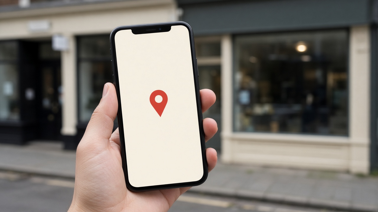 Phone showing a map pin outside a dental practice
