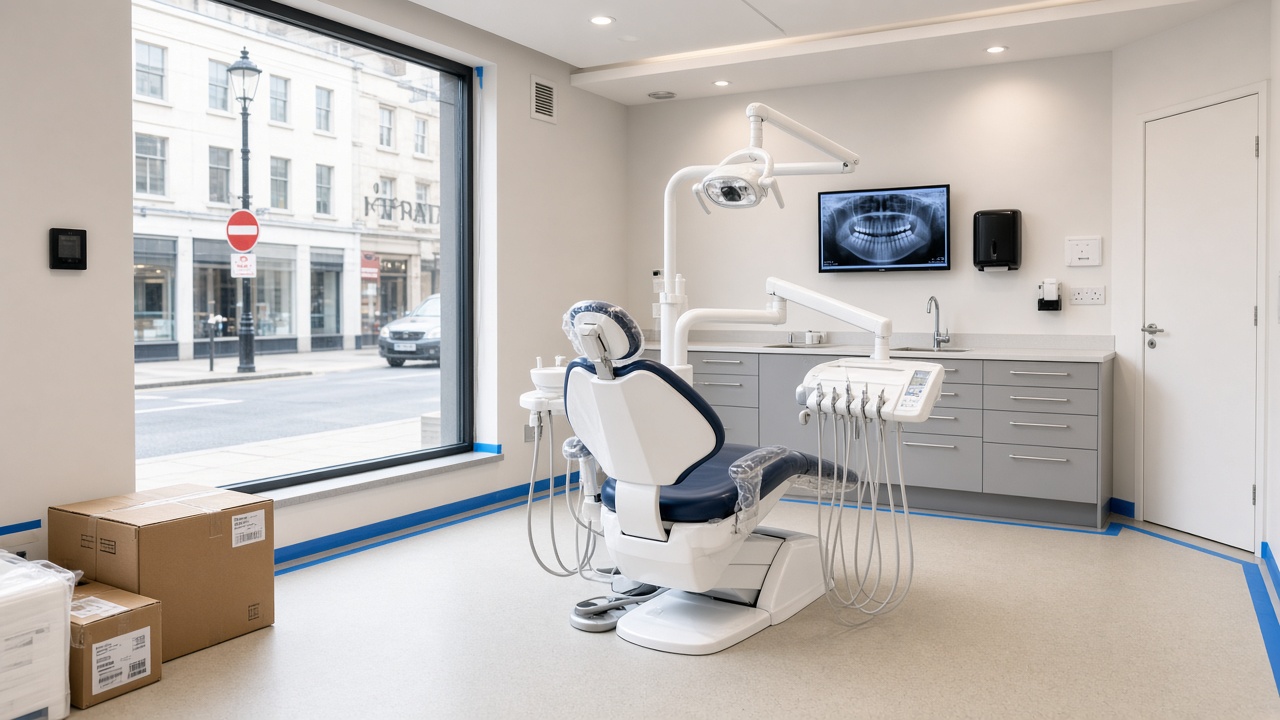 Brand-new squat dental surgery during fit-out, with wrapped chair and delivery boxes